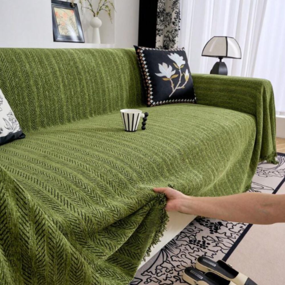 Herringbone Chenille Sofa Cover Tassels