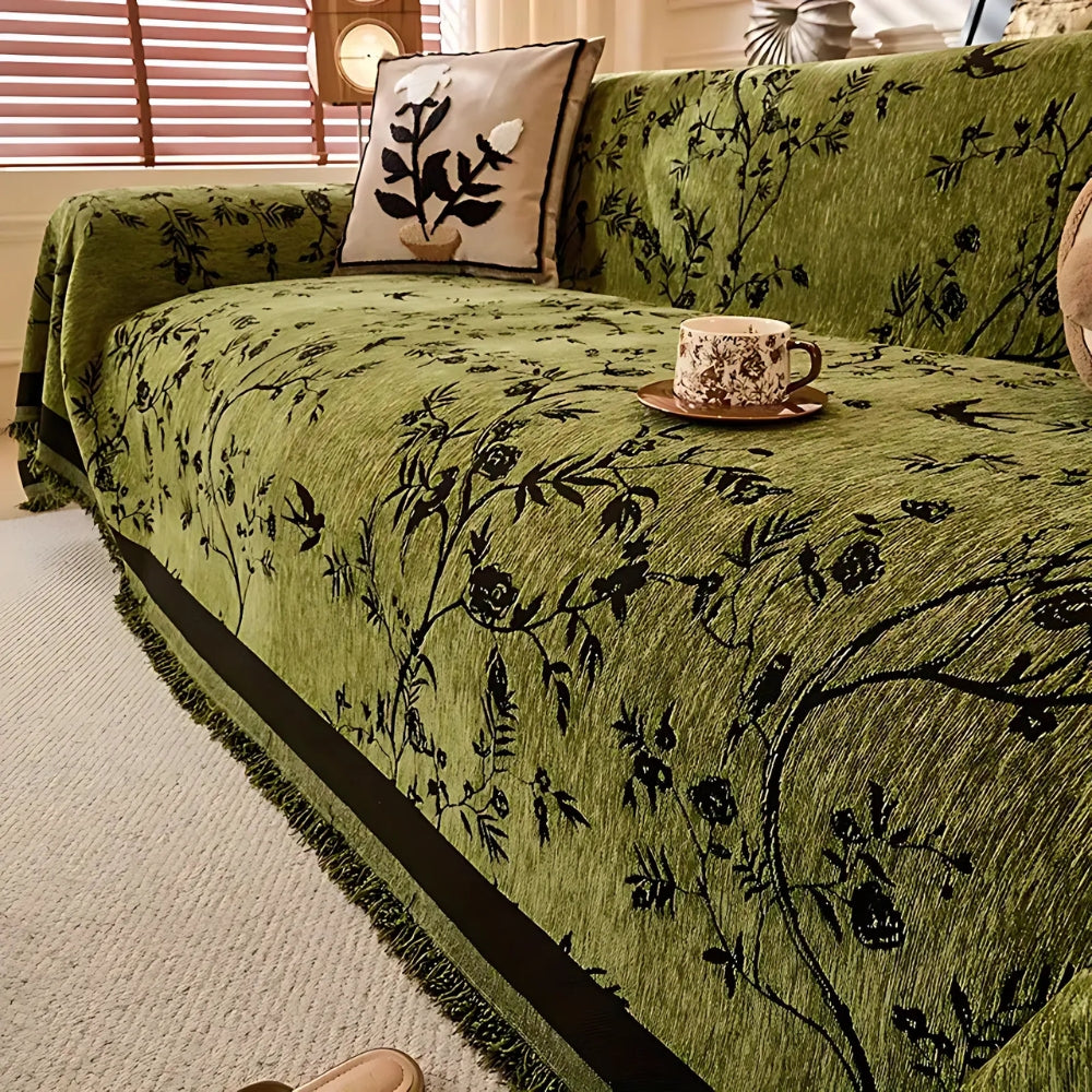 Chenille Sofa Cover Floral Tassel Throw