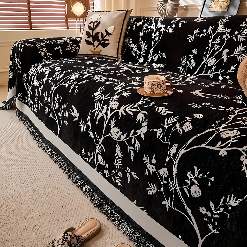 Chenille Sofa Cover Floral Tassel Throw