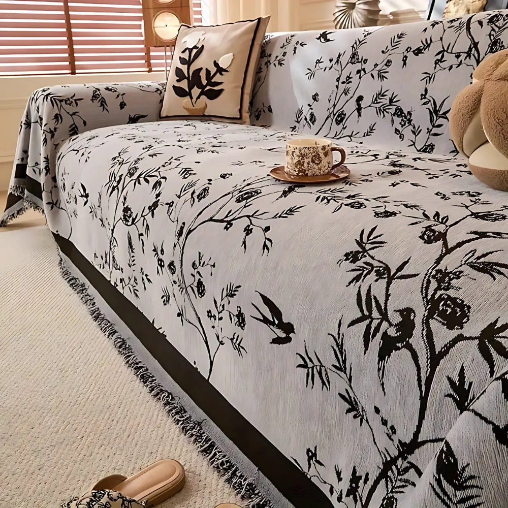 Chenille Sofa Cover Floral Tassel Throw