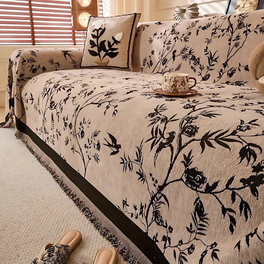 Chenille Sofa Cover Floral Tassel Throw
