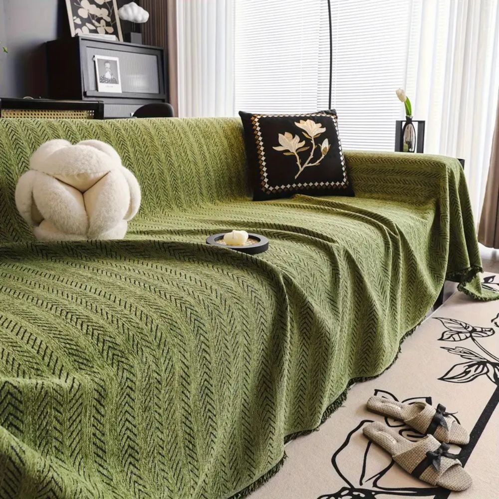 Herringbone Chenille Sofa Cover Tassels
