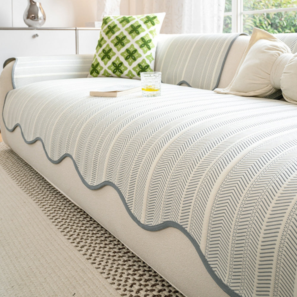 Herringbone Sofa Cover with Scalloped Edge