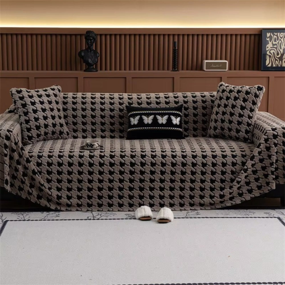 Houndstooth Plush Sofa Cover Non Slip