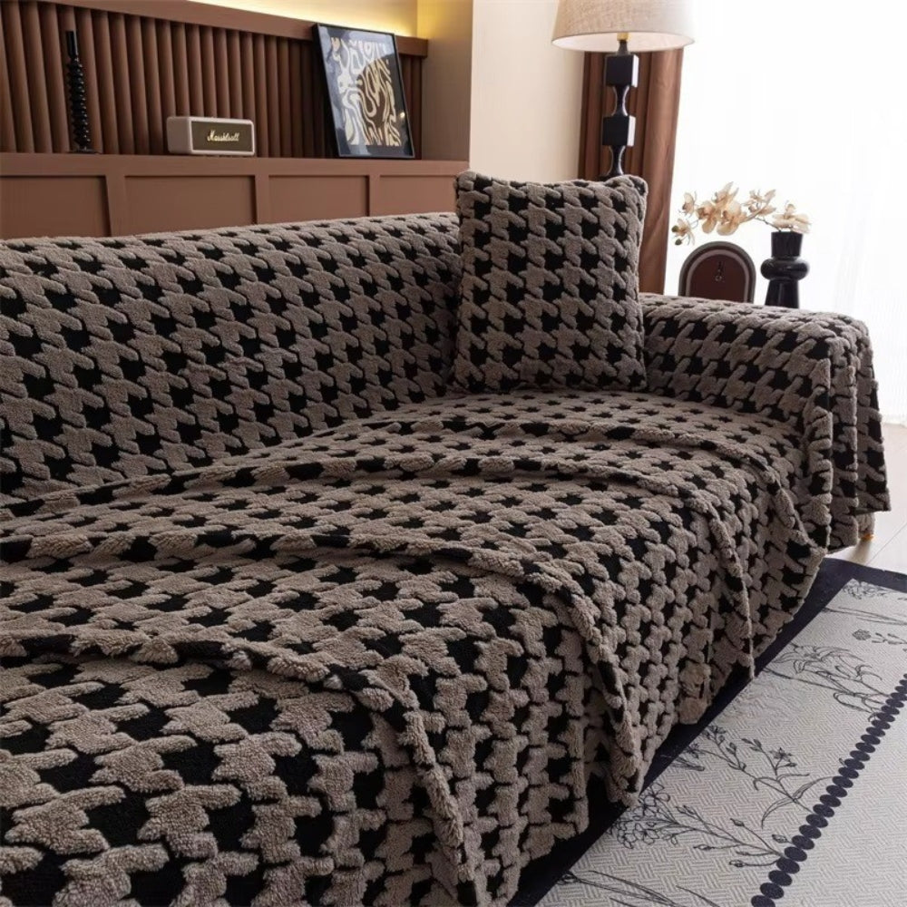Houndstooth Plush Sofa Cover Non Slip