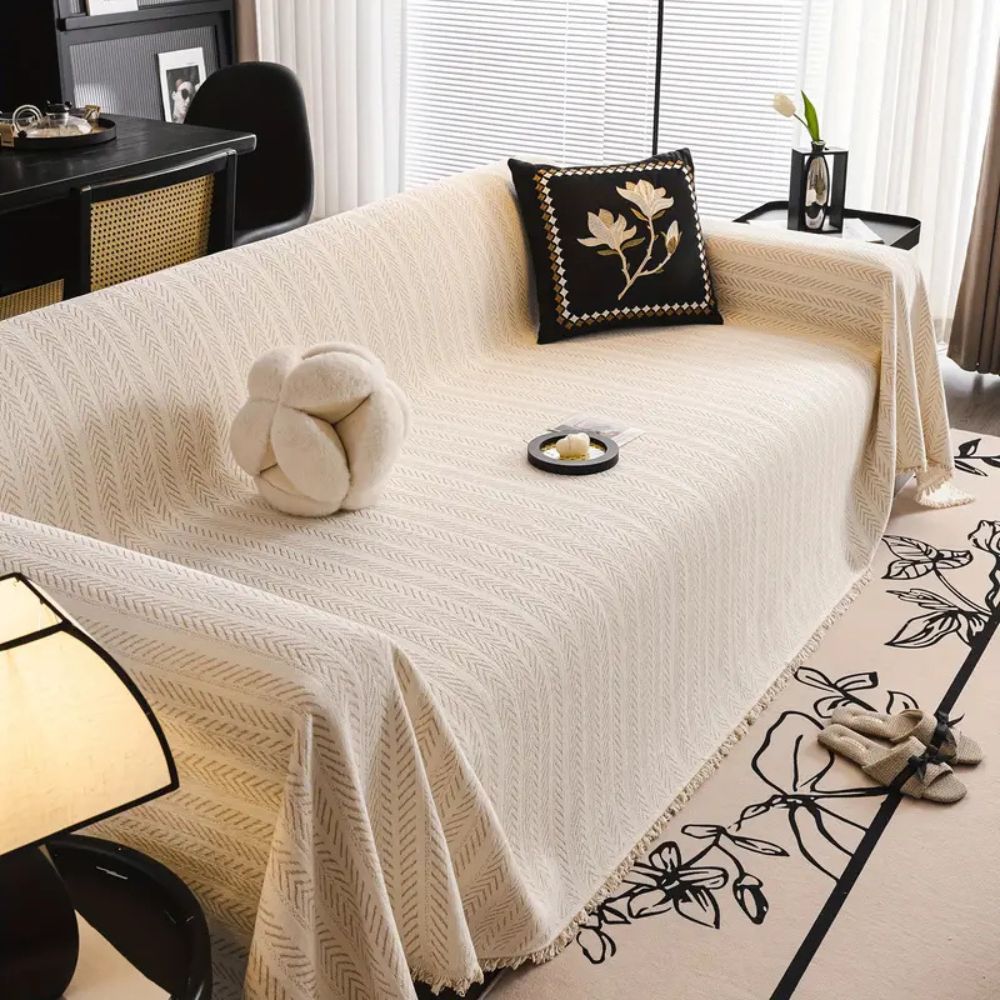 Herringbone Chenille Sofa Cover Tassels
