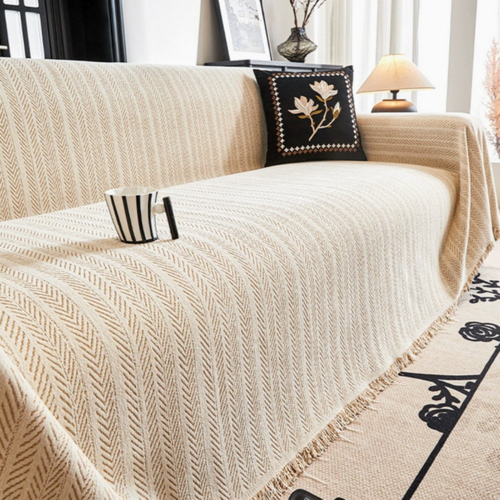 Herringbone Chenille Sofa Cover Tassels