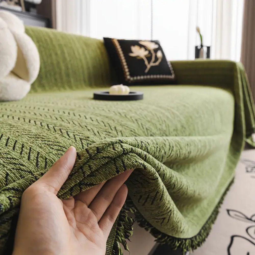 Herringbone Chenille Sofa Cover Tassels
