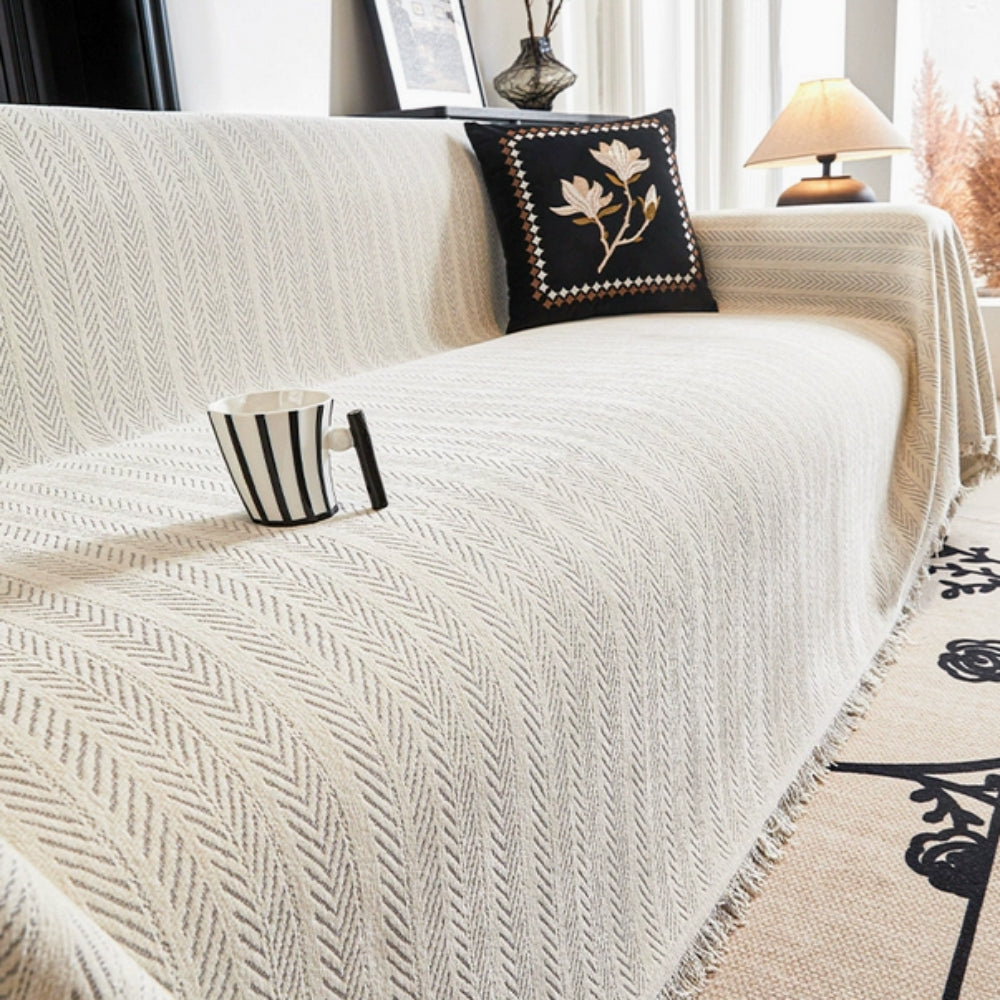 Herringbone Chenille Sofa Cover Tassels
