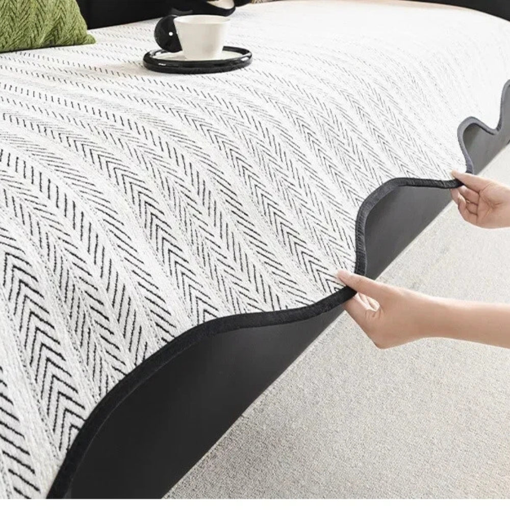 Herringbone Sofa Cover with Scalloped Edge
