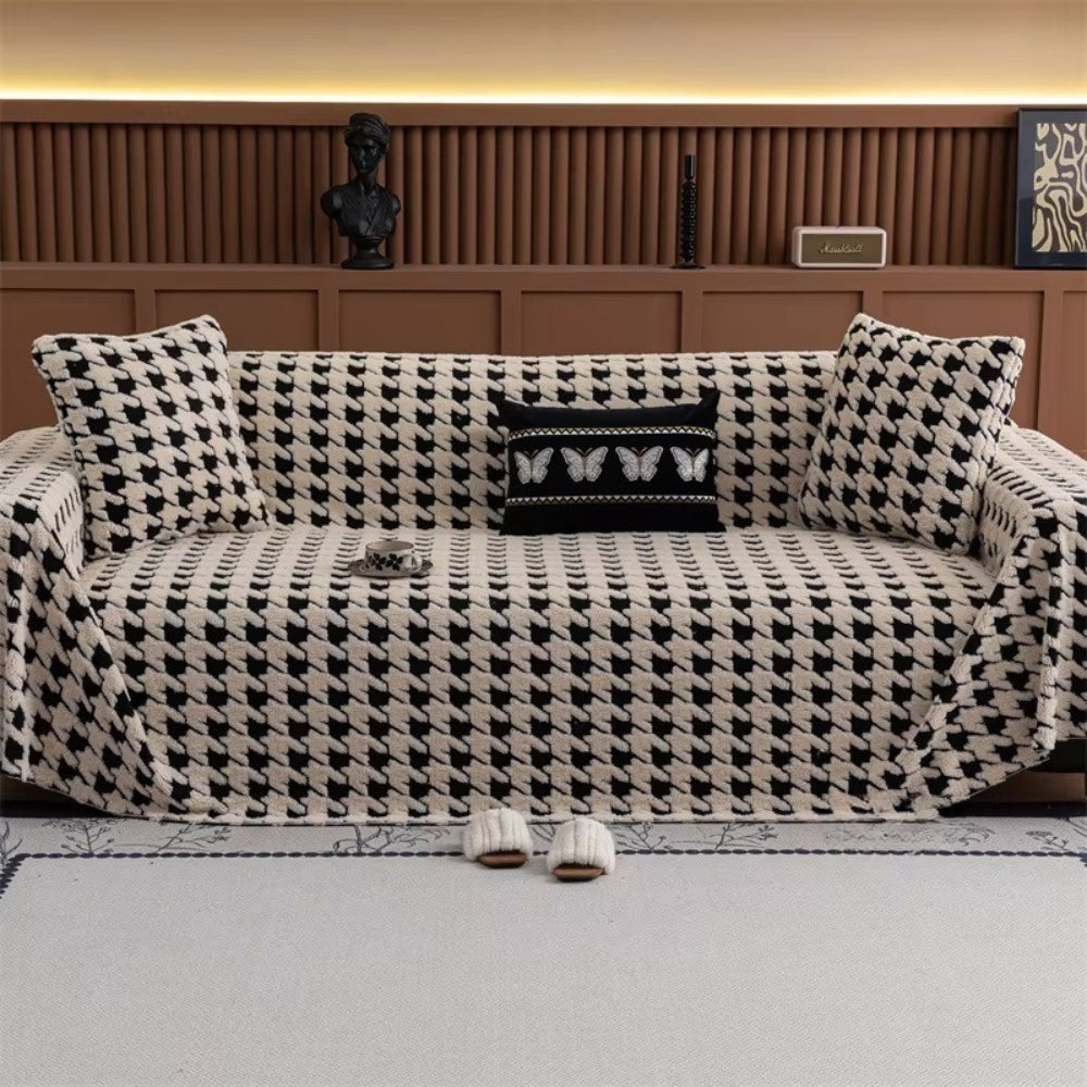 Houndstooth Plush Sofa Cover Non Slip
