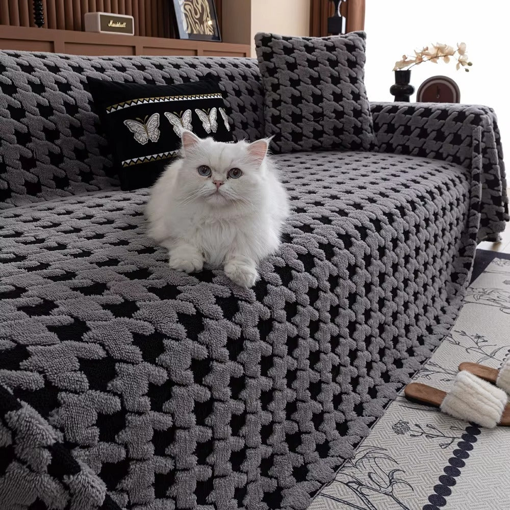 Houndstooth Plush Sofa Cover Non Slip