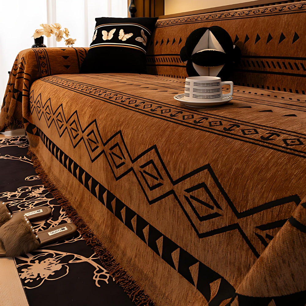 Tribal Chenille Sofa Cover Fringe Throw